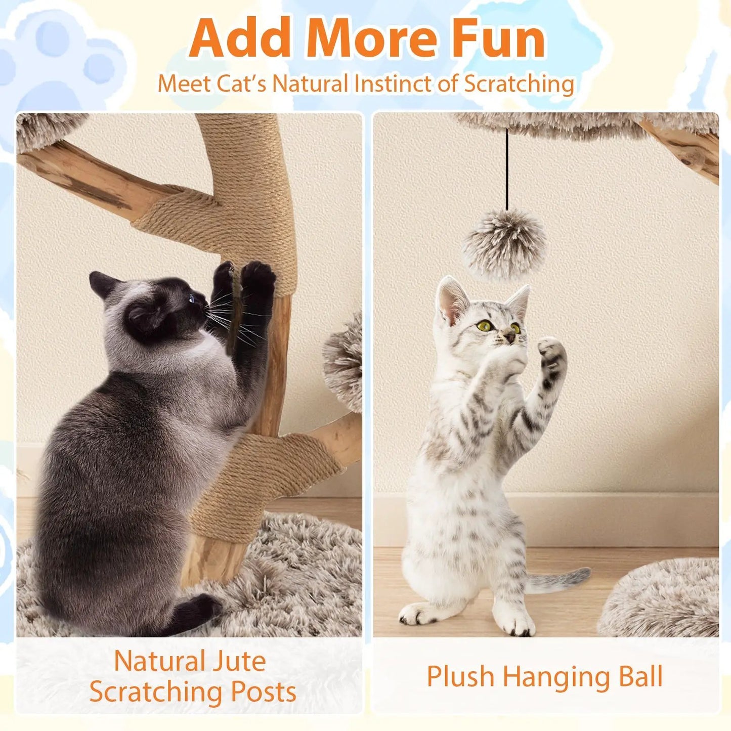 Cat Tree solid pear wood with natural jute posts and plush hanging ball, 2-panel collage on Tampa Home & Garden Store