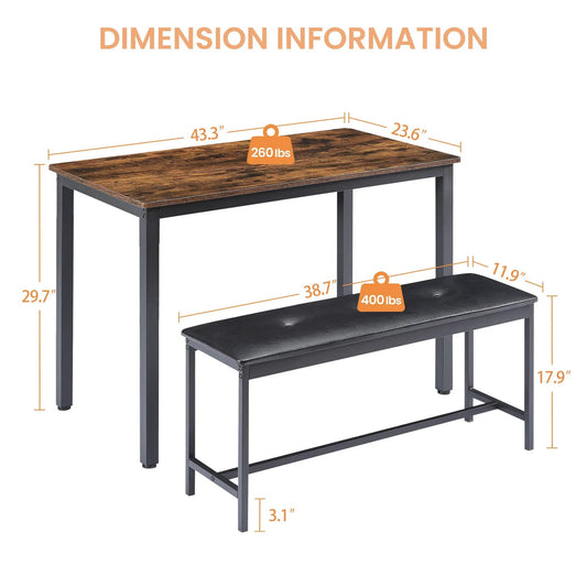 Industrial dining table set with benches, dark wood tabletop and black metal frame on Tampa Home & Garden Store