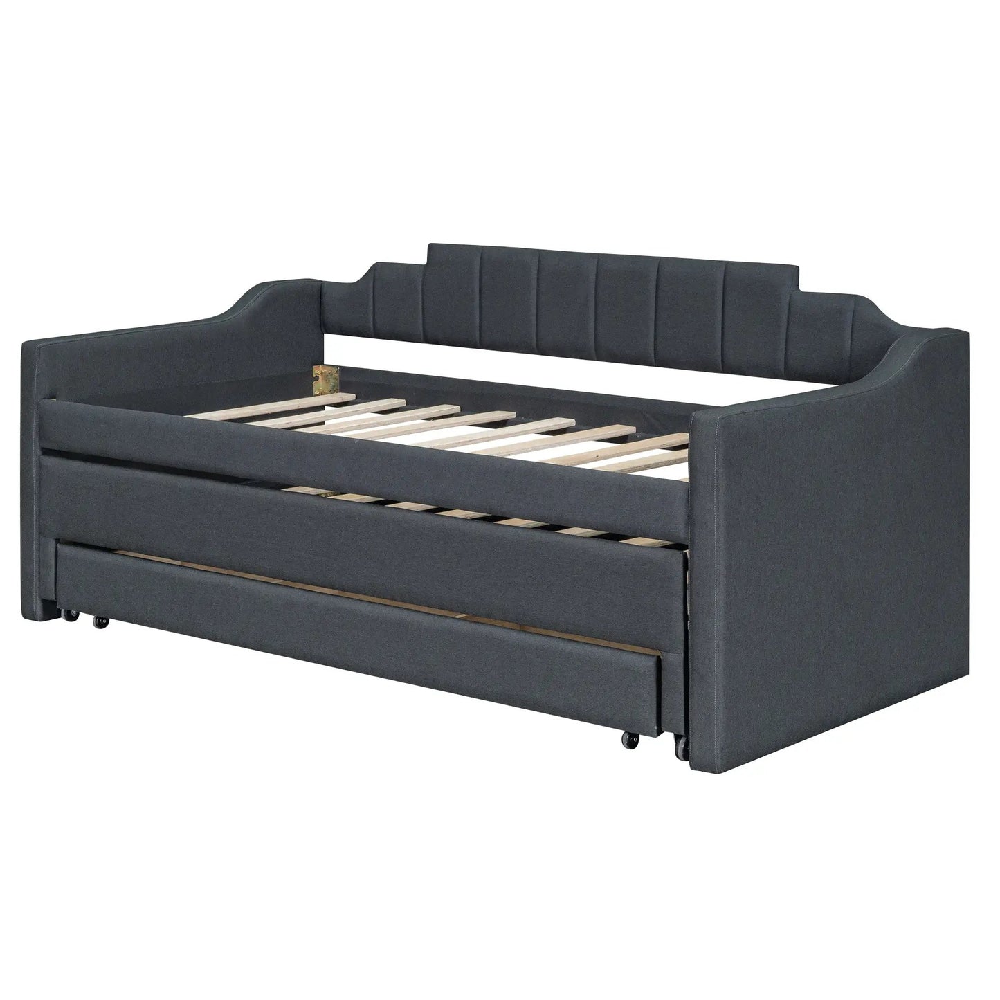 Grey upholstered twin daybed with trundle and storage drawers, slat-frame with caster wheels on Tampa Home & Garden Store
