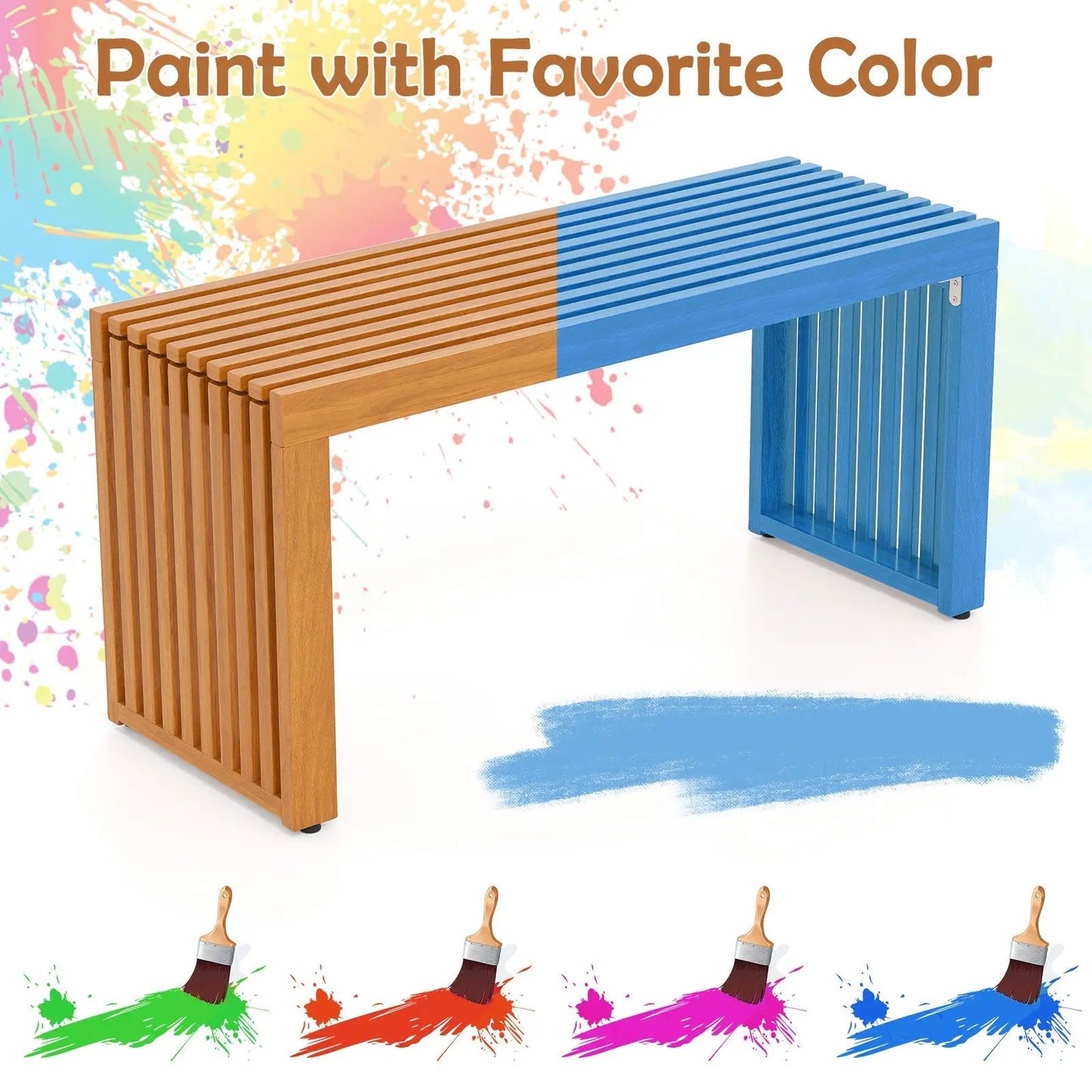 36 Inch Patio Bench All-Slat Acacia Wood two-tone natural wood and blue slat design on Tampa Home & Garden Store