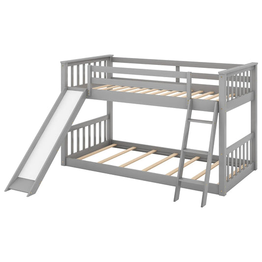 Gray twin bunk bed with slide and ladder, wooden slats across base on Tampa Home & Garden Store