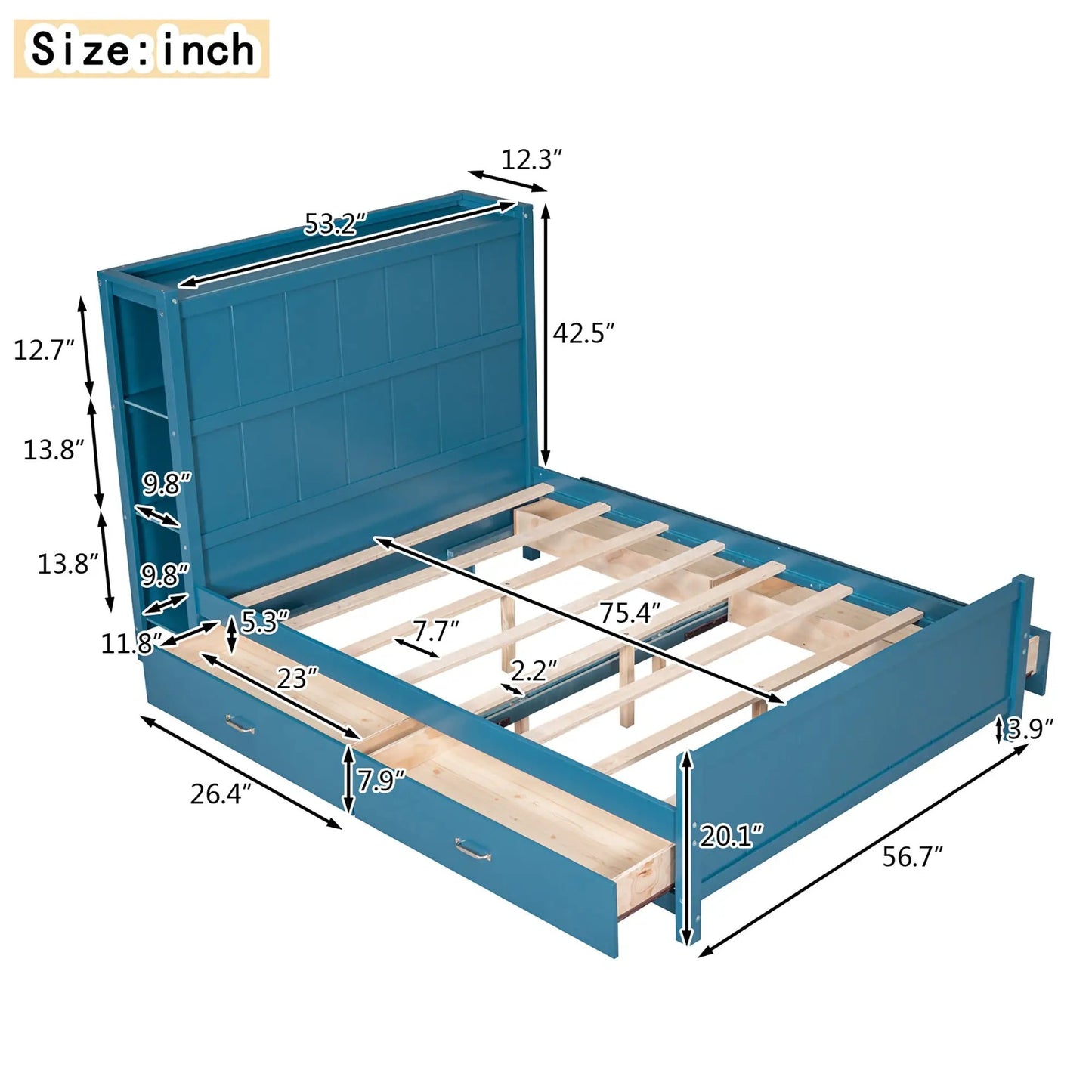 Blue full-size platform bed with drawers and slatted bed frame VIP Digital Presence on Tampa Home & Garden Store