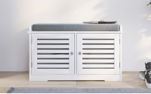 White shoe storage bench with padded seat cushion and double shutter doors on Tampa Home & Garden Store