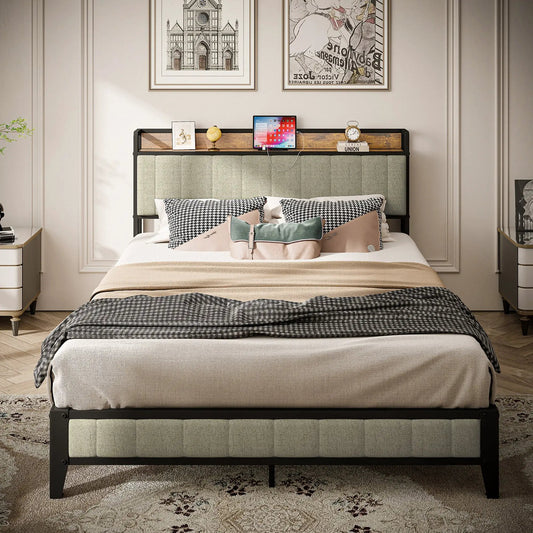 Queen size bed frame with charging station, gray upholstered headboard and black metal frame on Tampa Home & Garden Store