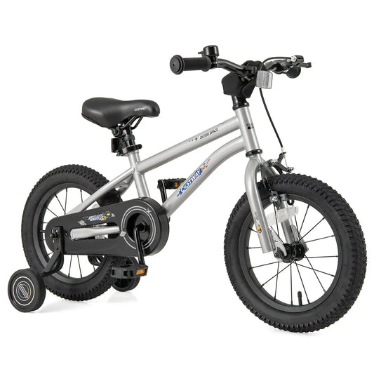 16 inch kids bike adjustable with training wheels silver frame and black tires Costway saddle on Tampa Home & Garden Store