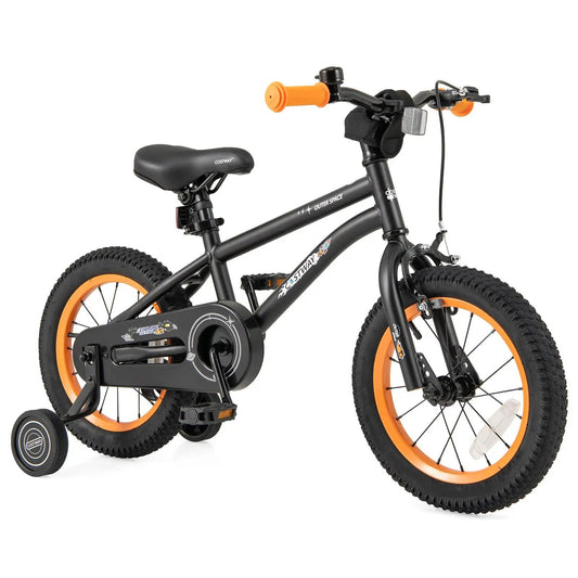 16 Inch Kids Bike for ages 4-7 with seat, black frame and orange rims, Costway accents on Tampa Home & Garden Store