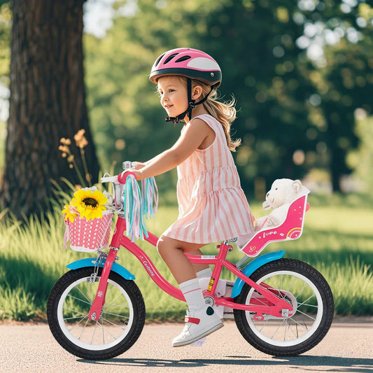 14 Inch Girls Bike with Doll Seat and Training Wheels, pink frame, blue accents, basket on Tampa Home & Garden Store