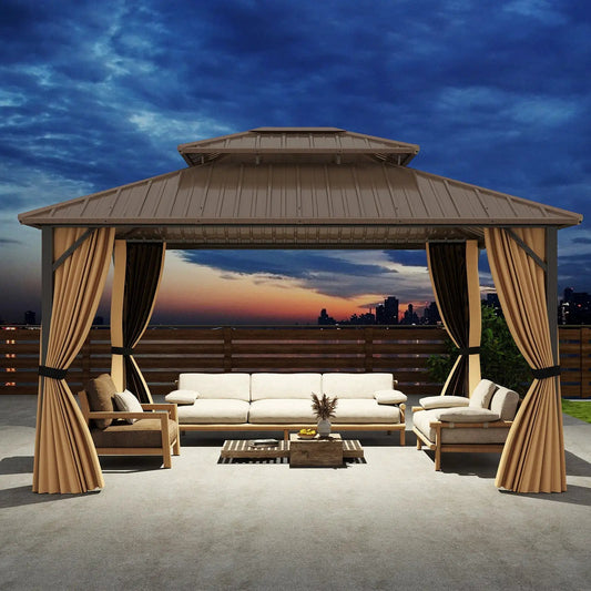 14x12 ft hardtop gazebo in beige metal with tan curtains and outdoor lounge sofa set on Tampa Home & Garden Store