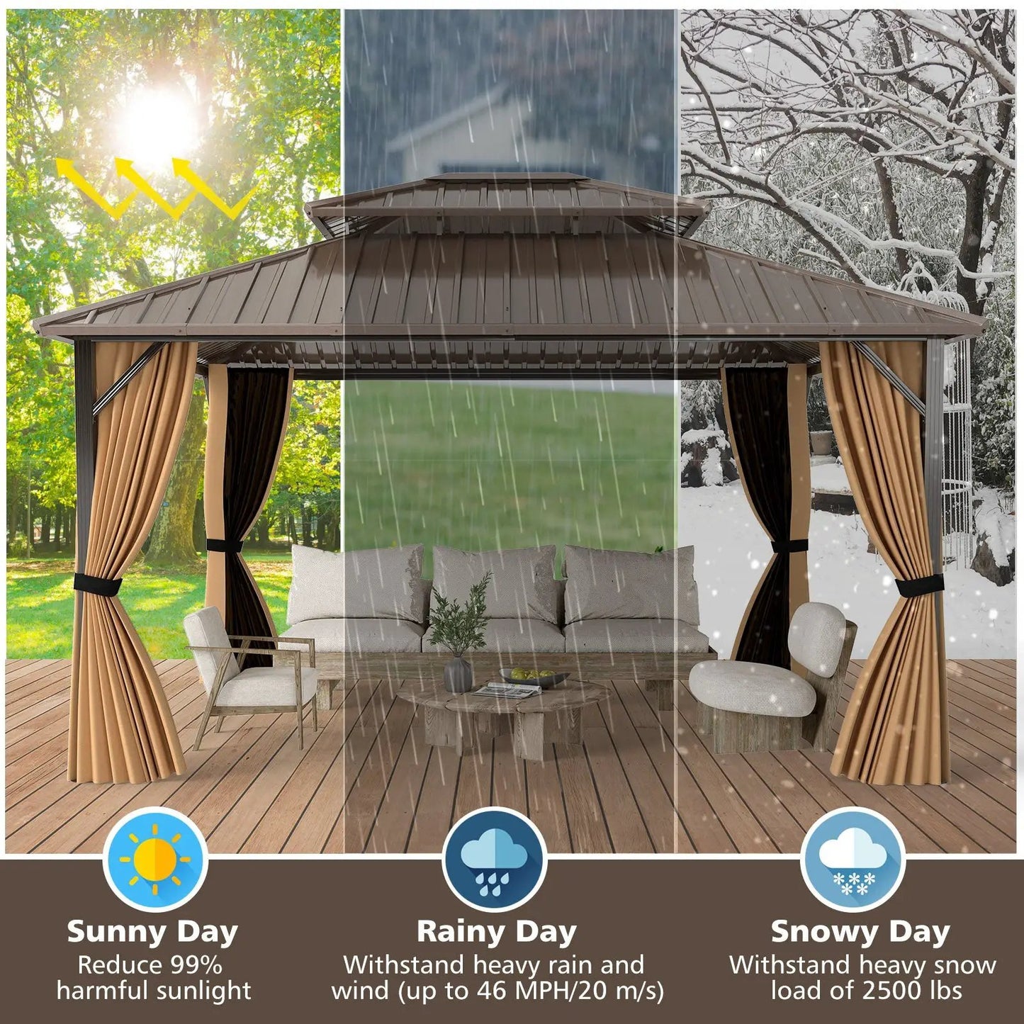 14x12 ft hardtop gazebo with brown metal roof, beige curtains and outdoor seating on Tampa Home & Garden Store