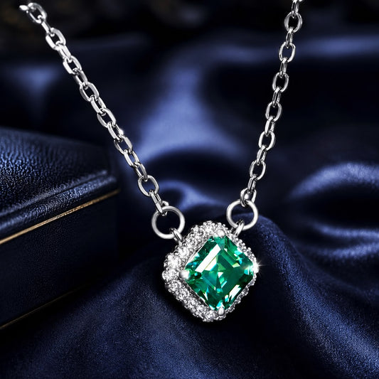 925 Sterling Silver Moissanite Pendant Necklace with emerald-green center stone and diamond halo on Tampa Home & Garden Store