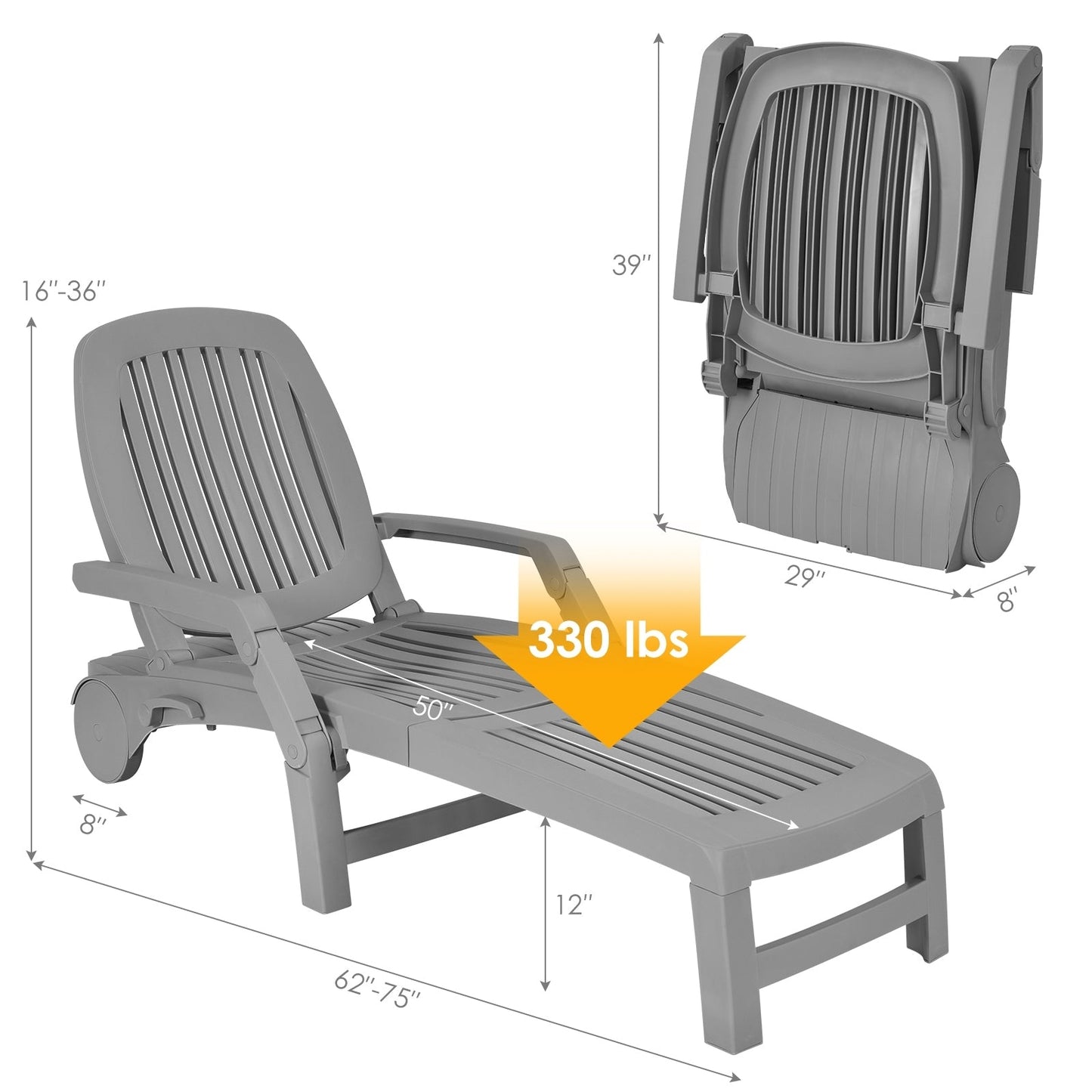 Tumbona ajustable para patio con ruedas resistentes a la intemperie - Negra