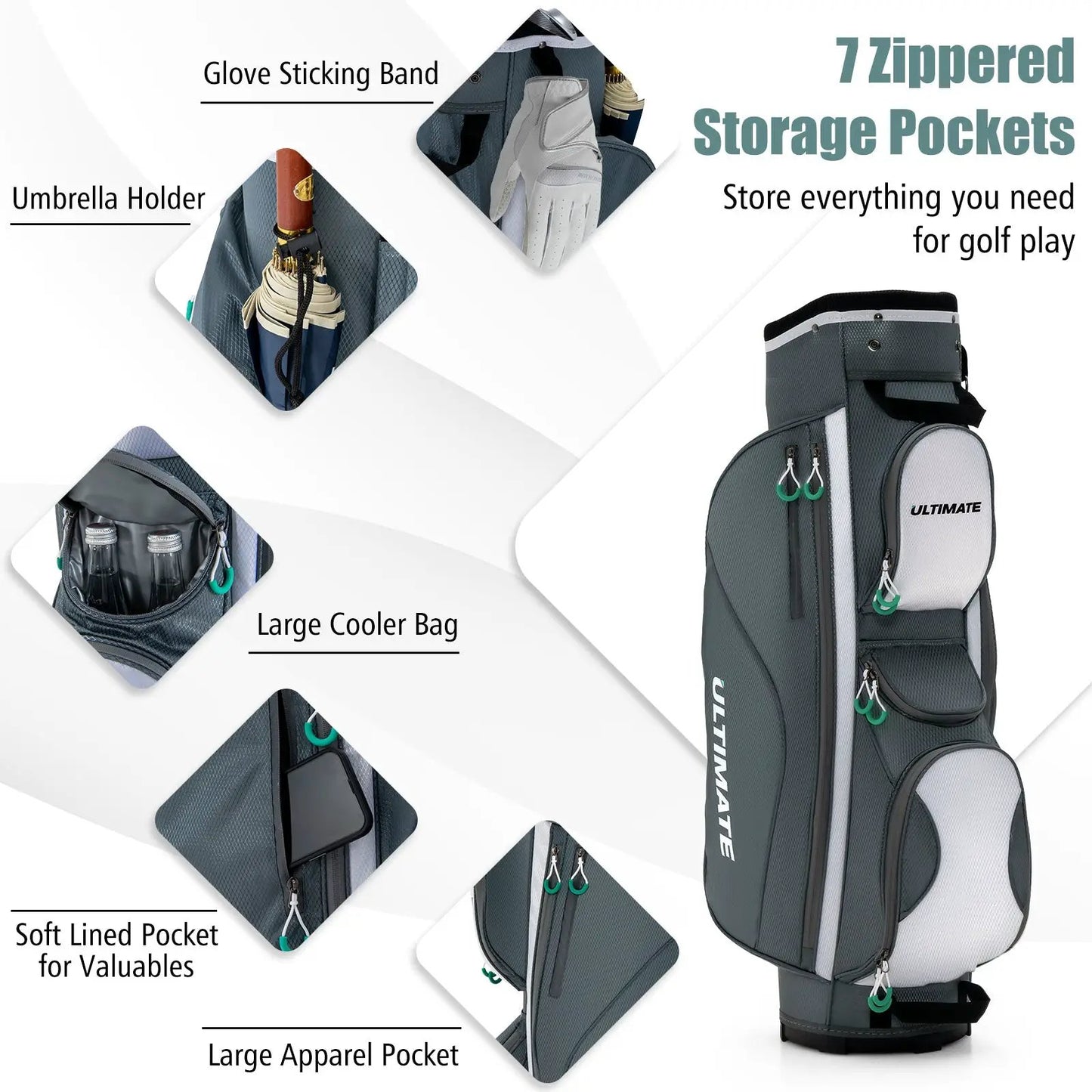 Golf Cart Bag with 14 Dividers and 7 Pockets, gray/black Ultimate branding on Tampa Home & Garden Store
