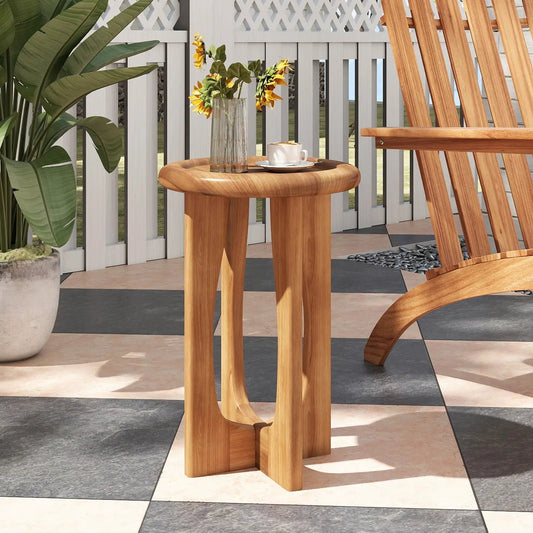 End Table with Round Tray Top and Wood Cross Legs in natural wood finish with vase and cup on Tampa Home & Garden Store