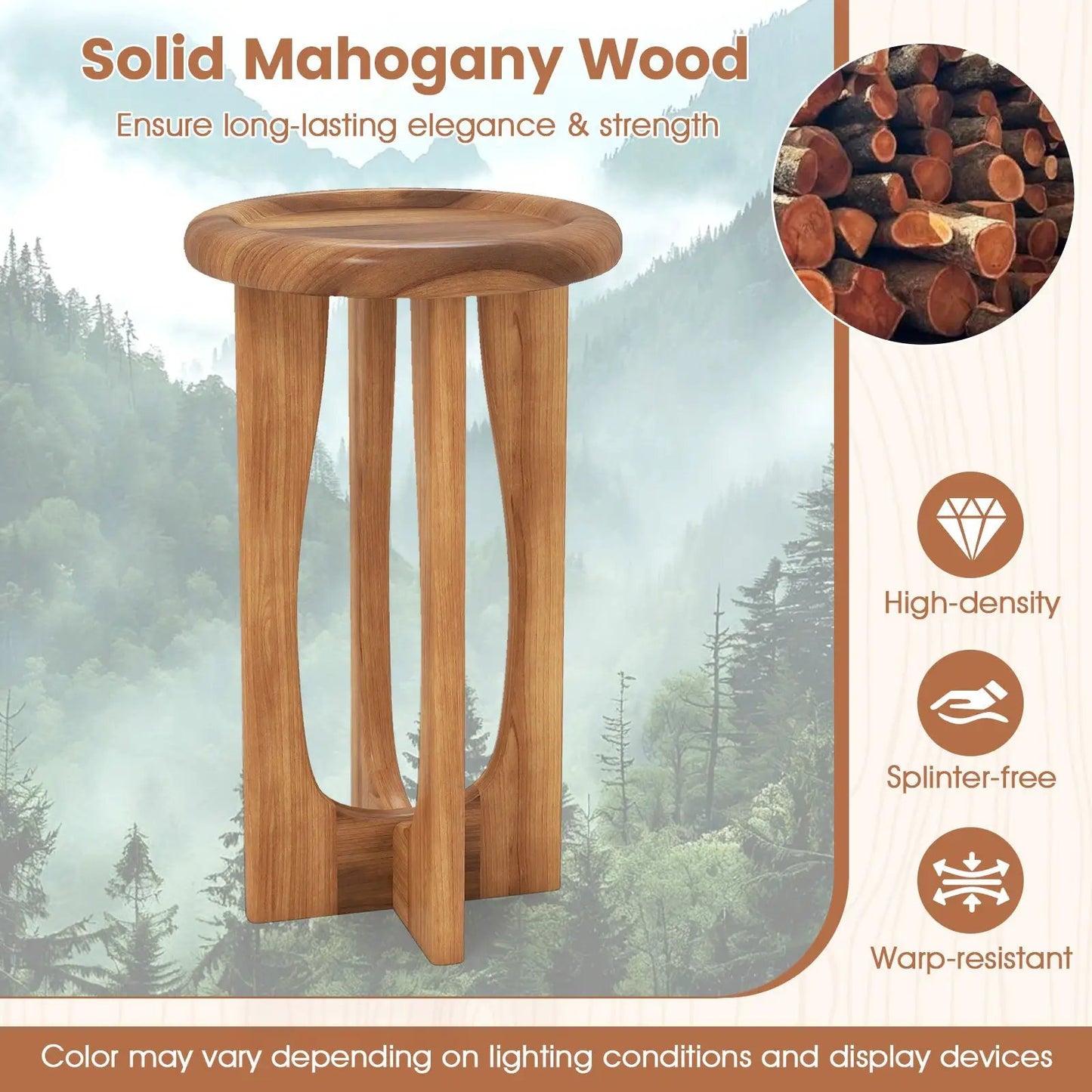 End table with round tray top and wood cross legs in natural finish on Tampa Home & Garden Store