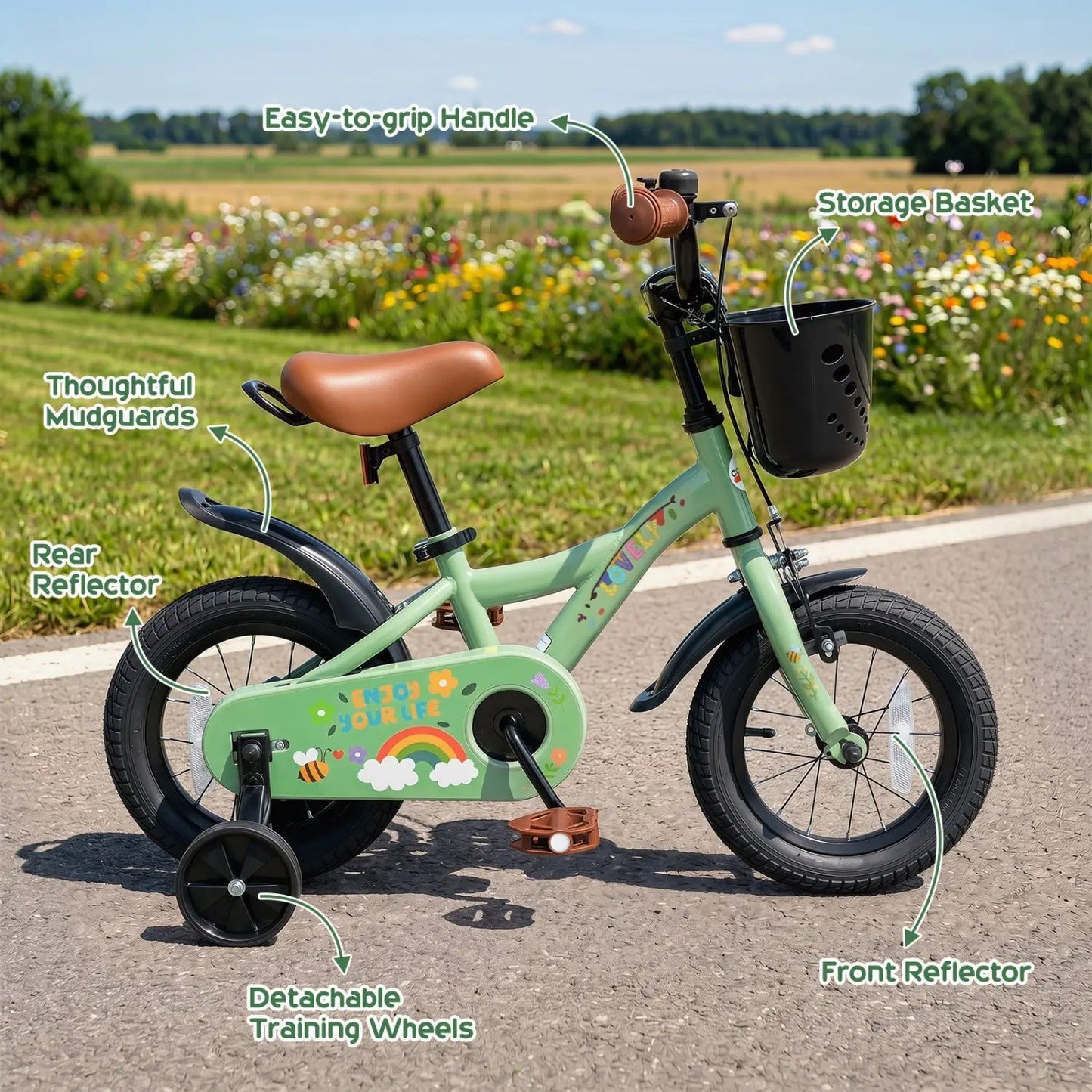 14 Inch Girls Bike with Training Wheels Green
