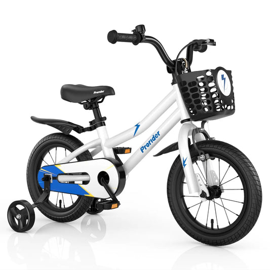 Adjustable 14 Inch Kids Bike with Training Wheels, white frame, front basket, DirectDeals on Tampa Home & Garden Store