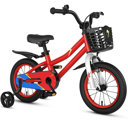 14-inch kids bike red with black front basket, training wheels and blue graphic chain guard on Tampa Home & Garden Store