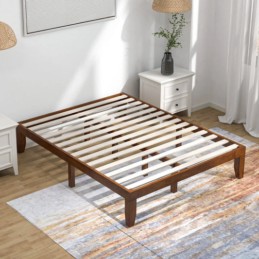 Queen size 14 inch rubber wood platform bed frame with slat support in walnut finish on Tampa Home & Garden Store