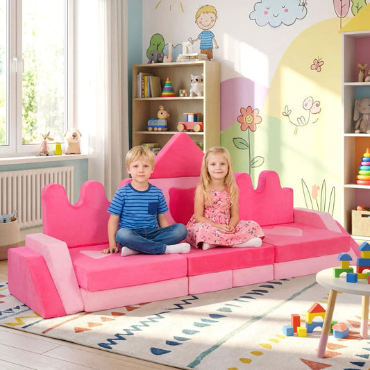Kids Play Couch and Foam Climbing Blocks Pink modular foam sofa with two kids in a playroom on Tampa Home & Garden Store