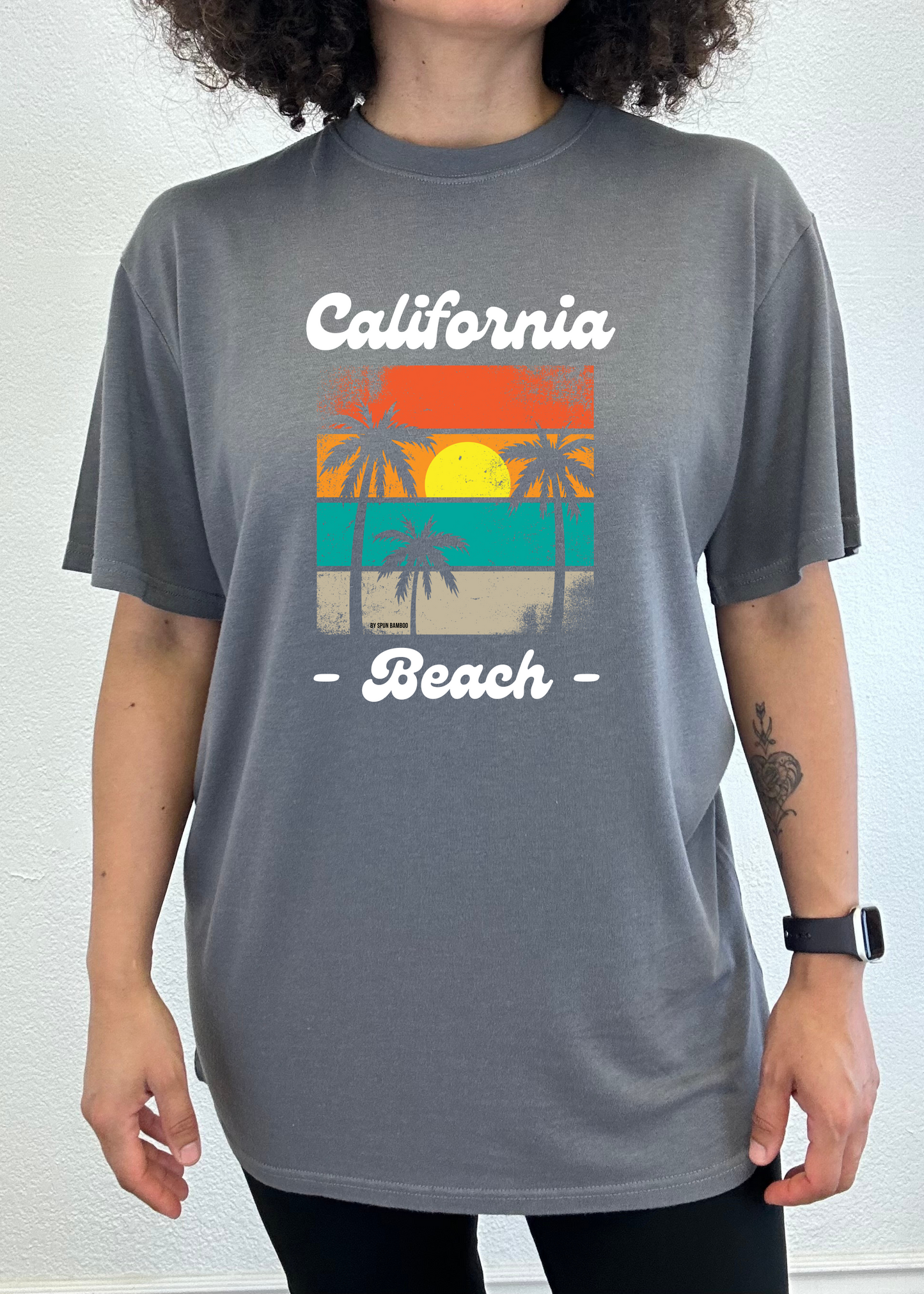 California Beach graphic T-shirt by Spun Bamboo, unisex gray short sleeve with retro palm sunset design on Tampa Home & Garden Store