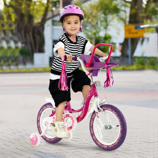 16 Inch Kids Bike with doll seat and training wheels, pink and purple frame DirectDeals on Tampa Home & Garden Store