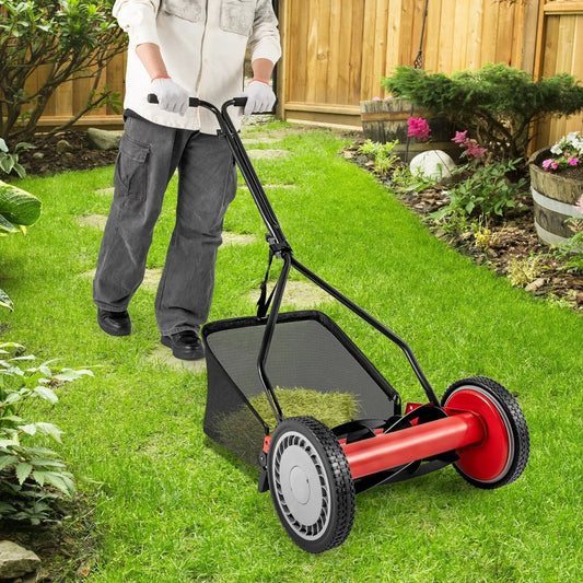 14 Inch push lawn mower with grass catcher bag, red deck and black frame on Tampa Home & Garden Store