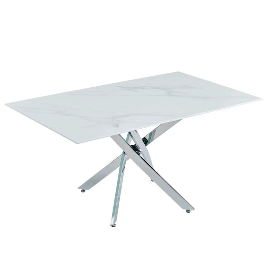 Modern rectangular dining table with white marble top and chrome cross-legged base on Tampa Home & Garden Store