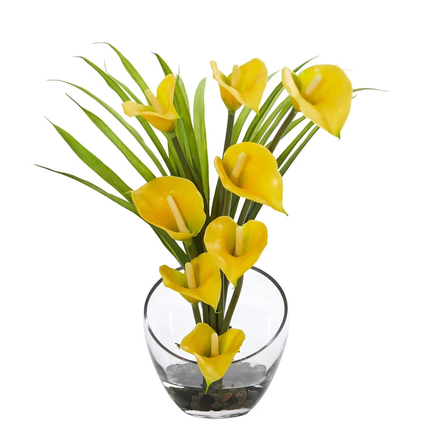 Calla Lily and Grass artificial arrangement in clear vase yellow blooms and green leaves on Tampa Home & Garden Store