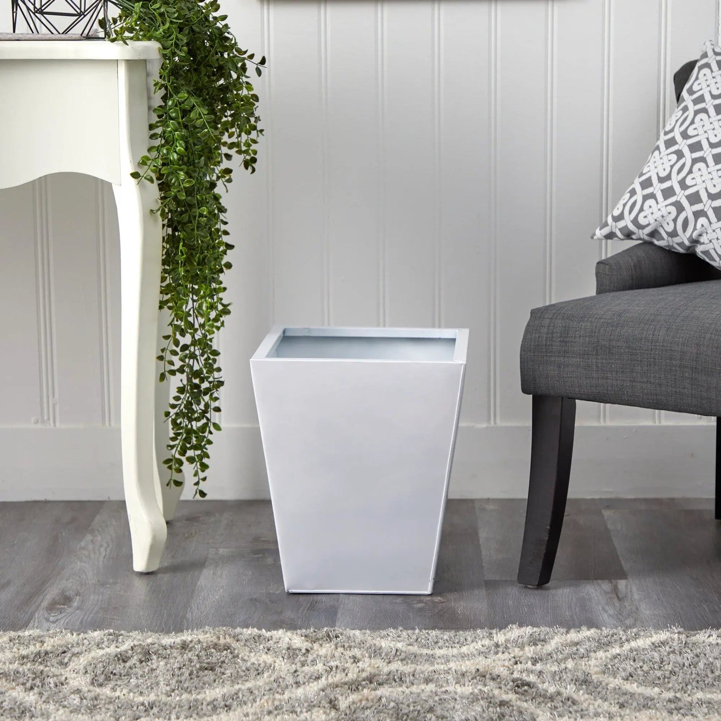 Fifteen Inch Classic Square Metal Planter in white with trailing green plant on Tampa Home & Garden Store