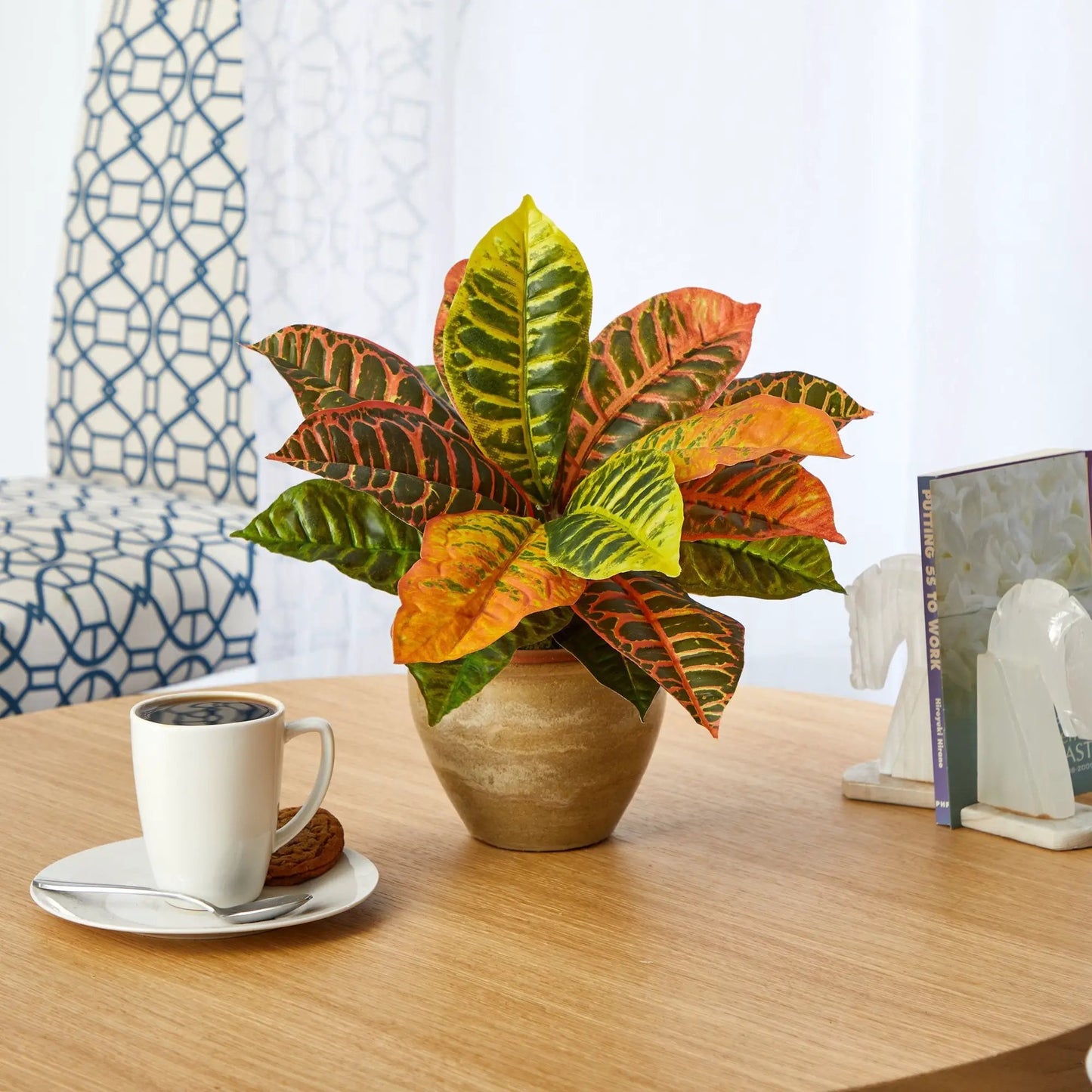 15in Croton artificial plant in a gold ceramic planter with variegated yellow, green, and orange leaves on Tampa Home & Garden Store