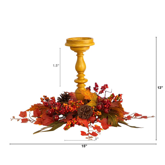 Harvest Fall Artificial Candelabrum by Nearly Natural gold-tone base autumn leaves and berries on Tampa Home & Garden Store