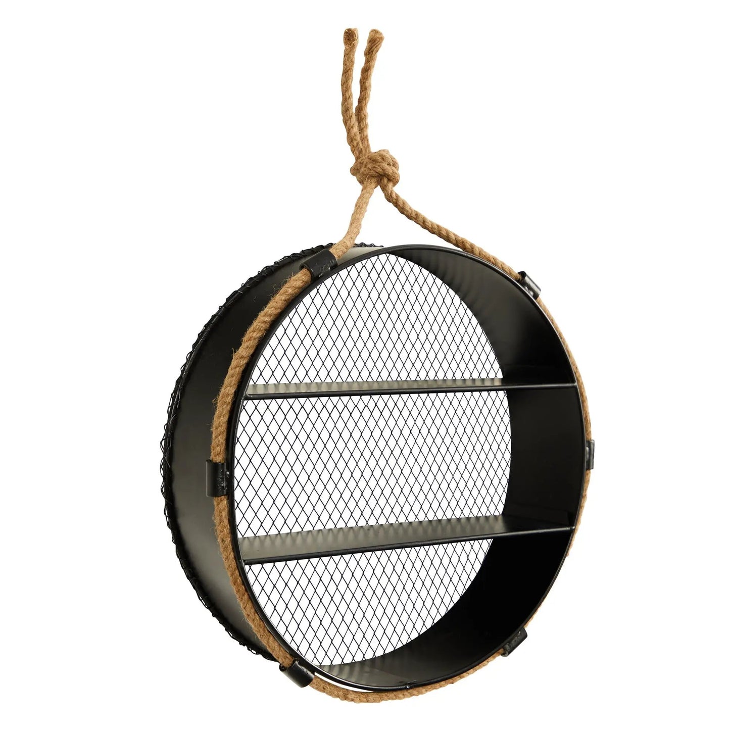 15 Inch Round Black Metal Wall Shelf with natural jute rope hanger for living room on Tampa Home & Garden Store