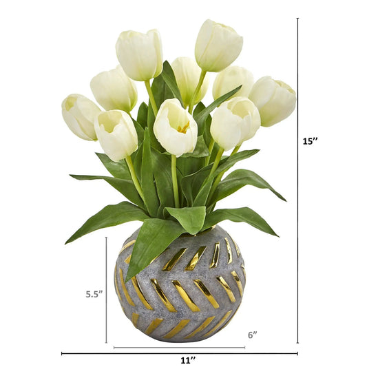 Tulip artificial arrangement in ivory tulips in a gray decorative vase with gold accents on Tampa Home & Garden Store