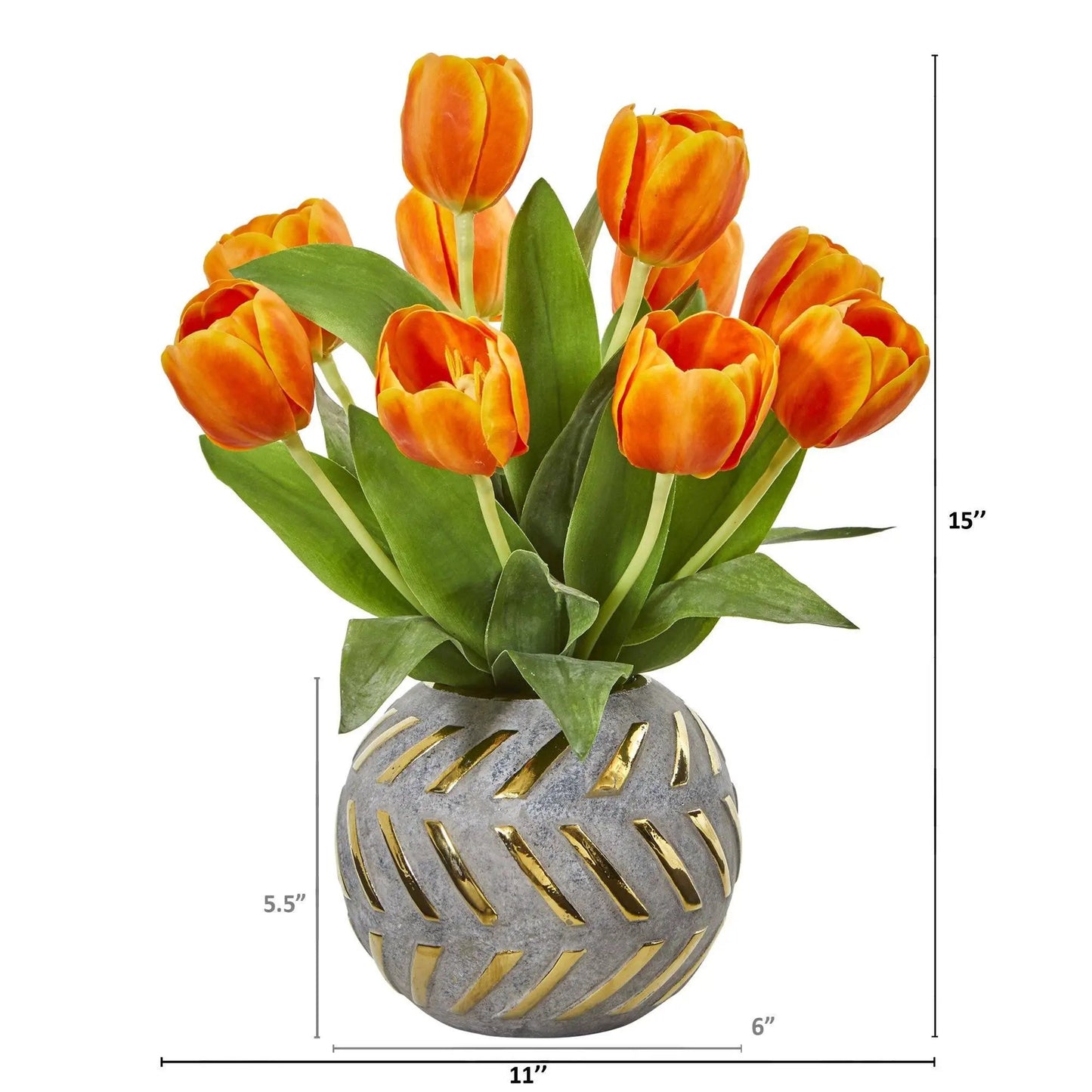 Tulip artificial arrangement in decorative gray vase with gold accents, Nearly Natural, orange on Tampa Home & Garden Store