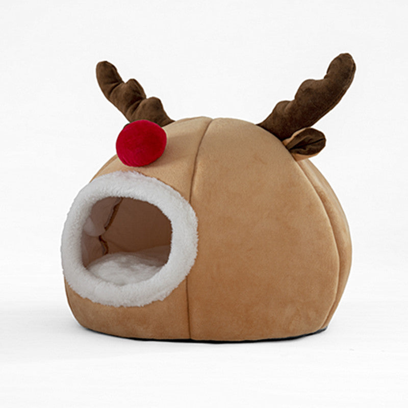 Pet tent Christmas reindeer kennel plush tan body with brown antlers and red nose on Tampa Home & Garden Store