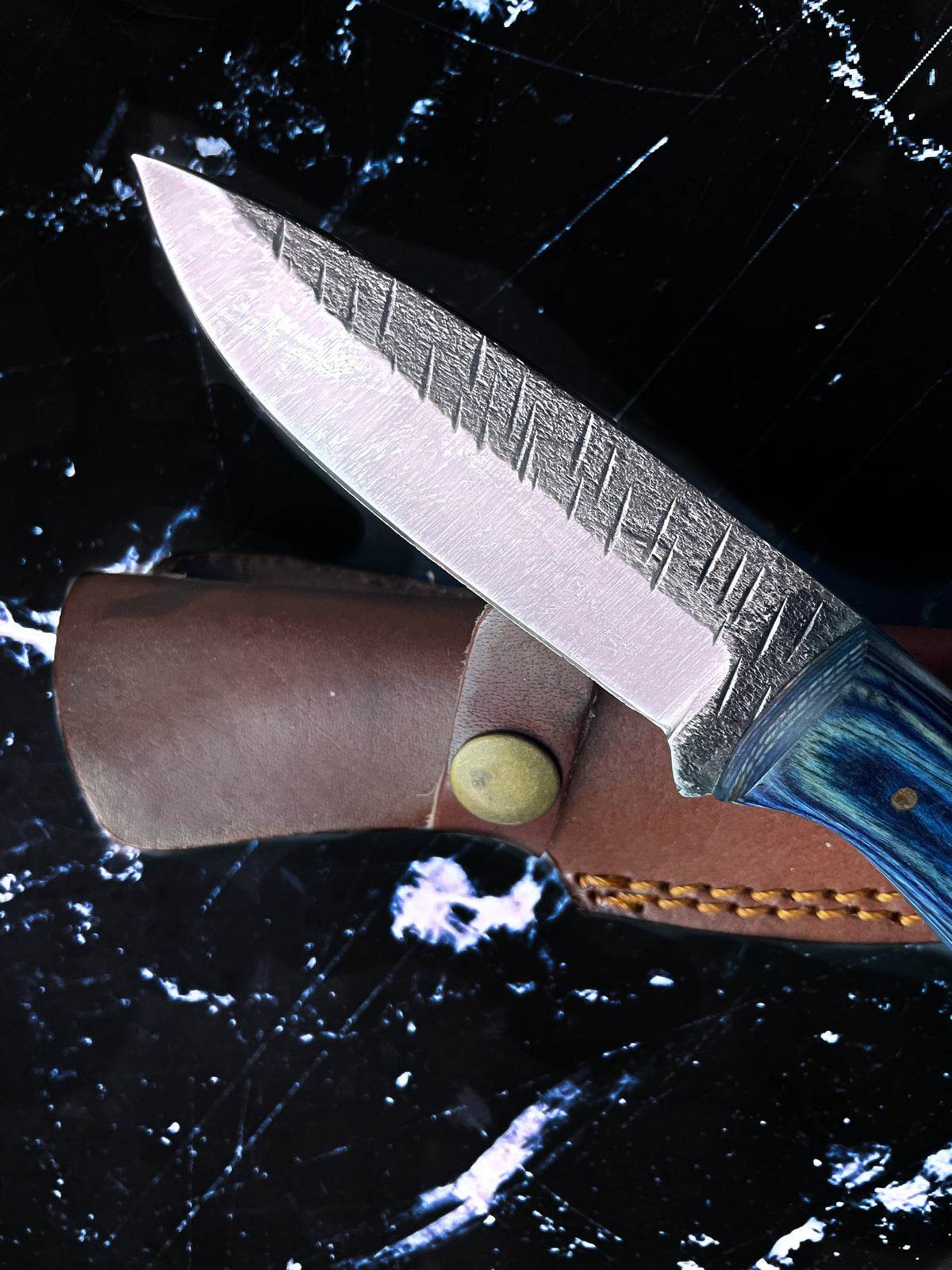 Titan Azura custom knife with blue diamond wood handle, carbon steel skinning blade on Tampa Home & Garden Store