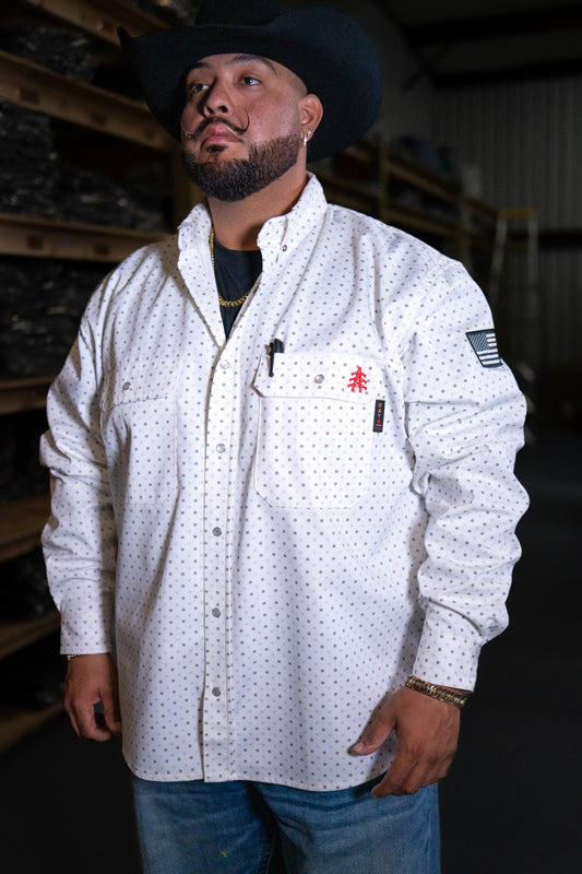 Static FR Pearl Snap Work Shirt Phantom White with U.S. Flag sleeve patch, white dotted pattern on Tampa Home & Garden Store