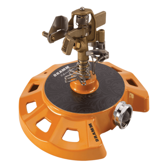ColorStorm Impulse Circular Sprinkler Brass Head with orange base and Dramm branding on Tampa Home & Garden Store