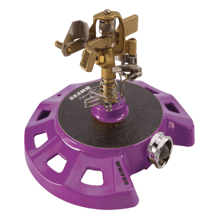 ColorStorm Impulse Circular Sprinkler brass head on purple base by Dramm on Tampa Home & Garden Store