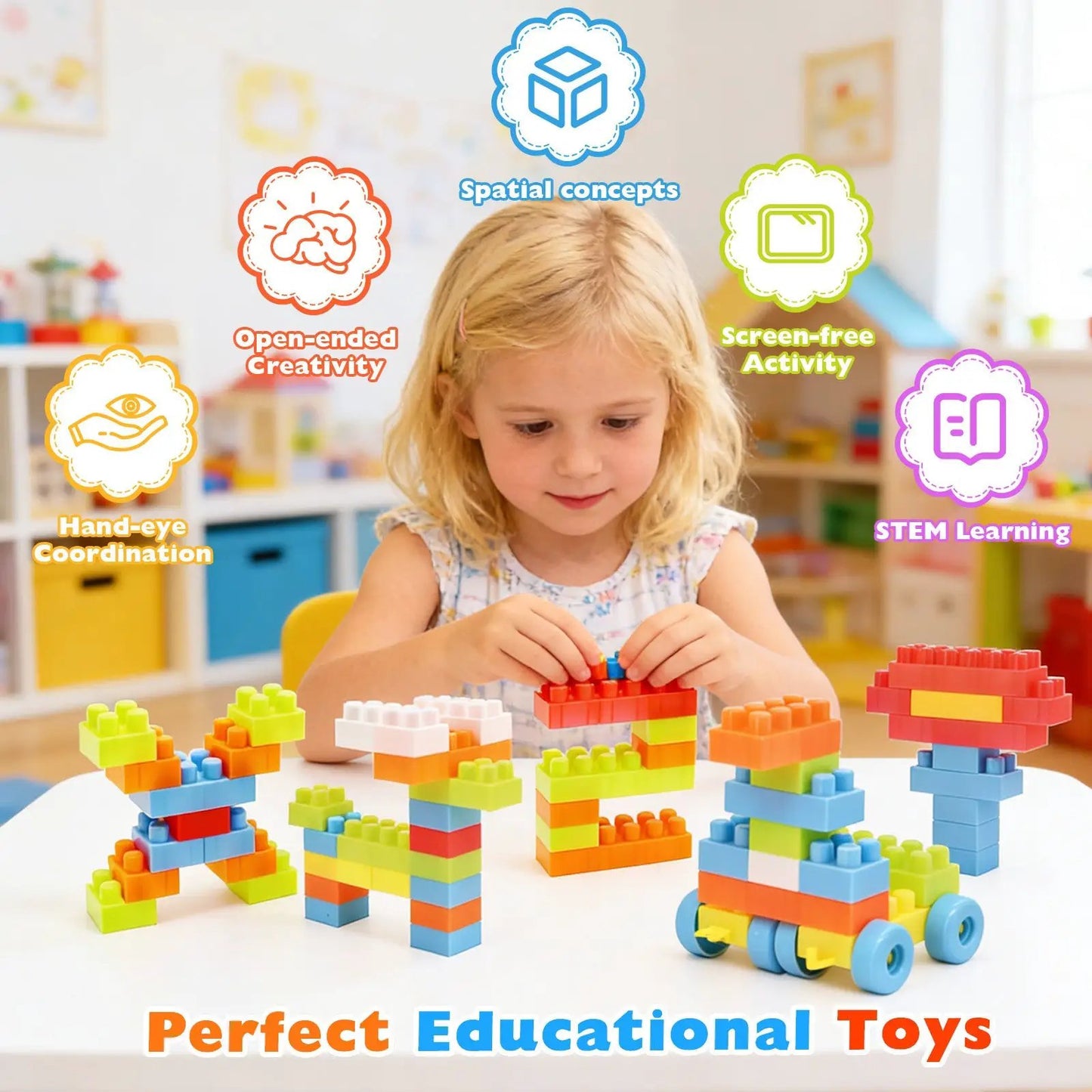 Toddler Building Blocks Toy STEM Montessori Kit with 150 interlocking blocks on wheels on Tampa Home & Garden Store