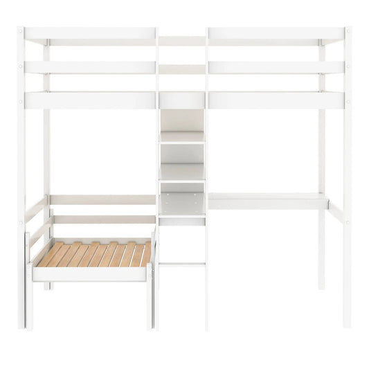 Convertible loft bed with desk and shelves in white wood, central ladder on Tampa Home & Garden Store
