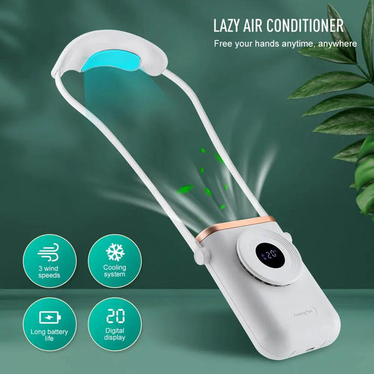 Hanging Neck USB Fan with 3 speeds, white body and turquoise accent, digital display on Tampa Home & Garden Store