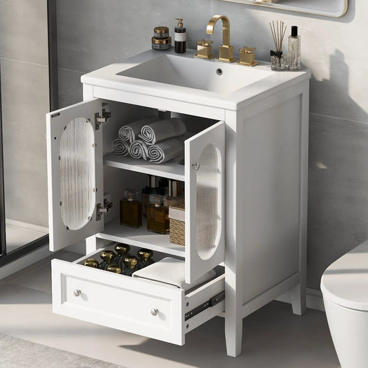 24 inch white MDF bathroom vanity with sink, gold faucet and hardware, open cabinet with towels on Tampa Home & Garden Store