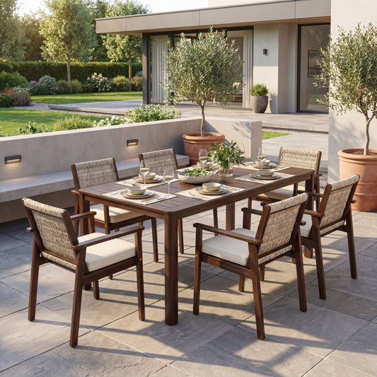 7-piece outdoor acacia wood dining set with beige cushions and woven-back chairs on a modern patio on Tampa Home & Garden Store