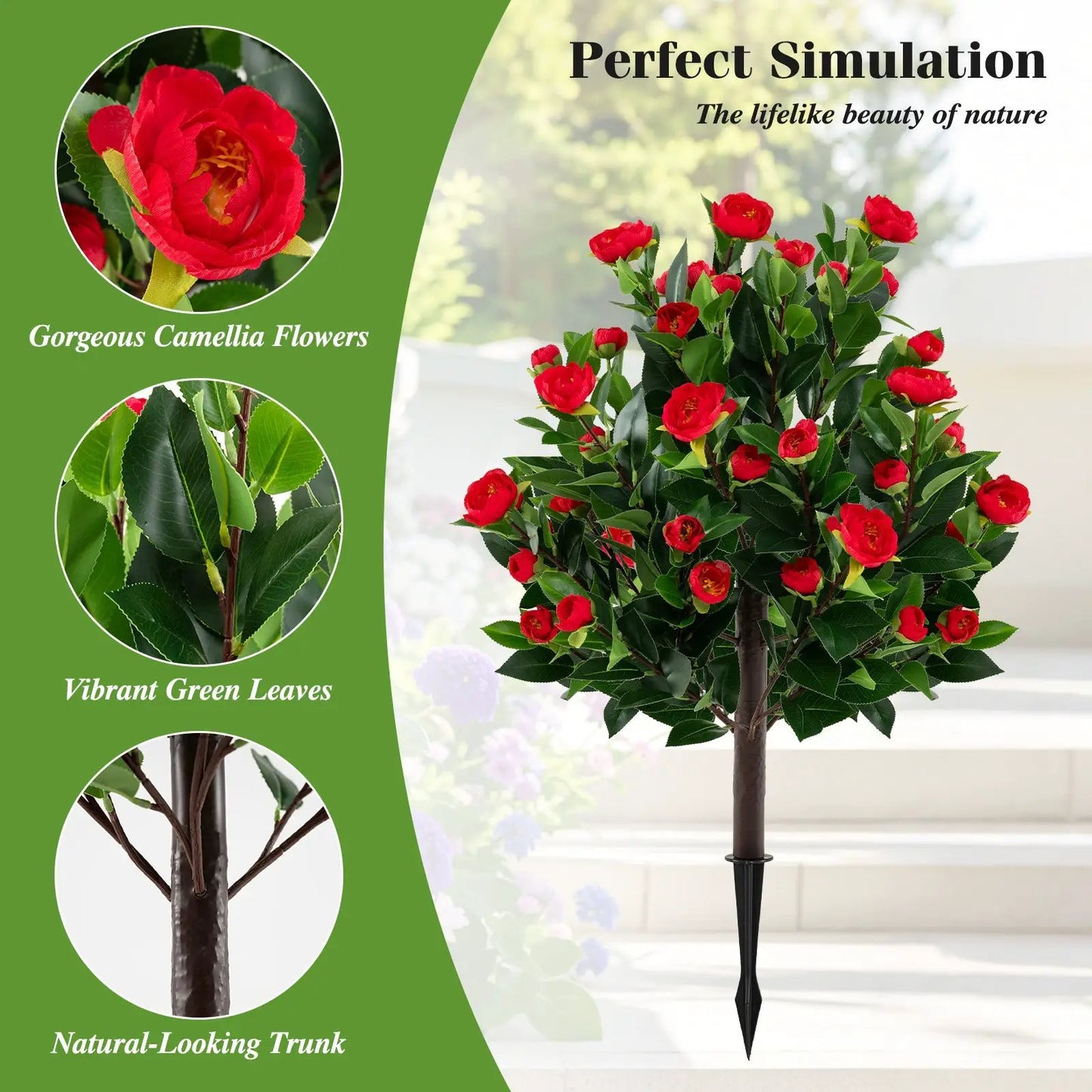 Two 31-inch artificial camellia trees in green with red blossoms; natural-looking trunks on Tampa Home & Garden Store