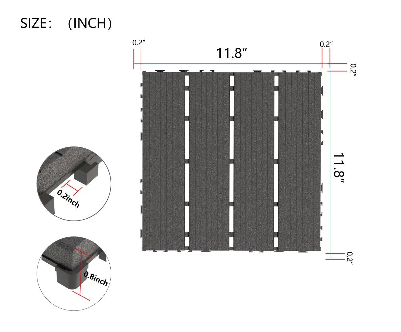 Baldosas de terraza entrelazadas de plástico, 44 losas de terraza impermeables para exteriores, cuadradas de 30x30 cm, grises