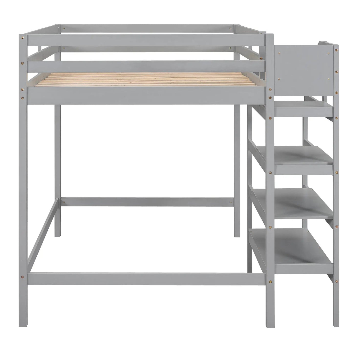 Full-size loft bed with storage staircase, gray metal frame and wooden slat base on Tampa Home & Garden Store