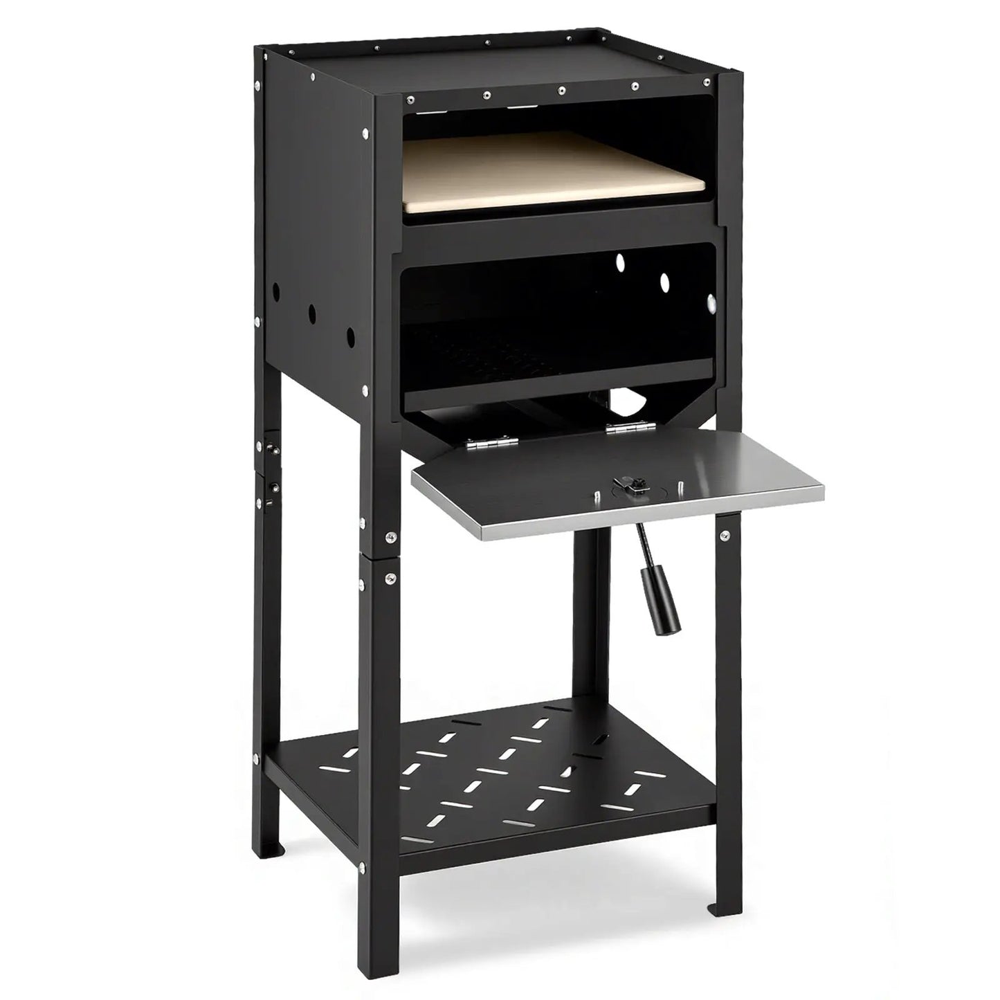 DirectDeals 12-Inch Outdoor Pizza Oven with Ash Tray in black steel on stand with fold-out table on Tampa Home & Garden Store
