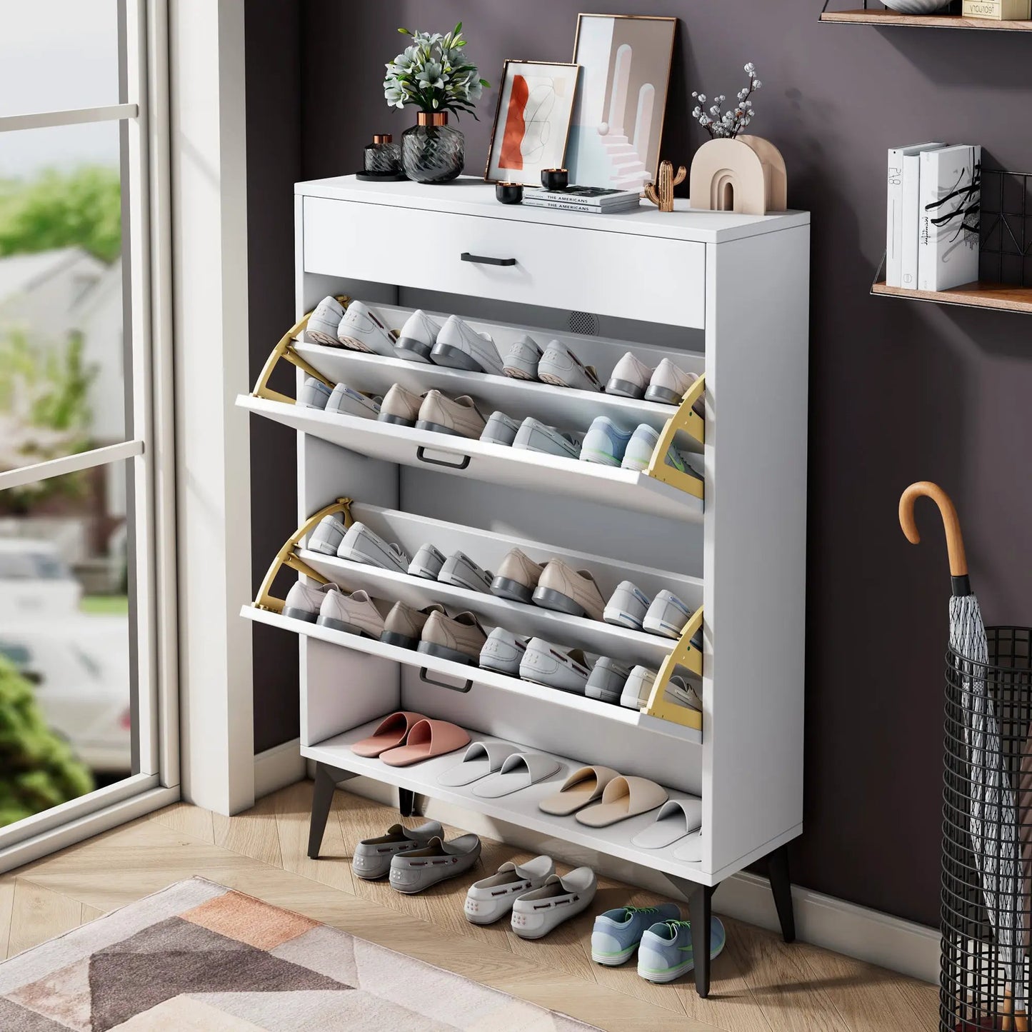 White shoe cabinet with metal legs and storage, slanted pull-out shelves for shoes on Tampa Home & Garden Store