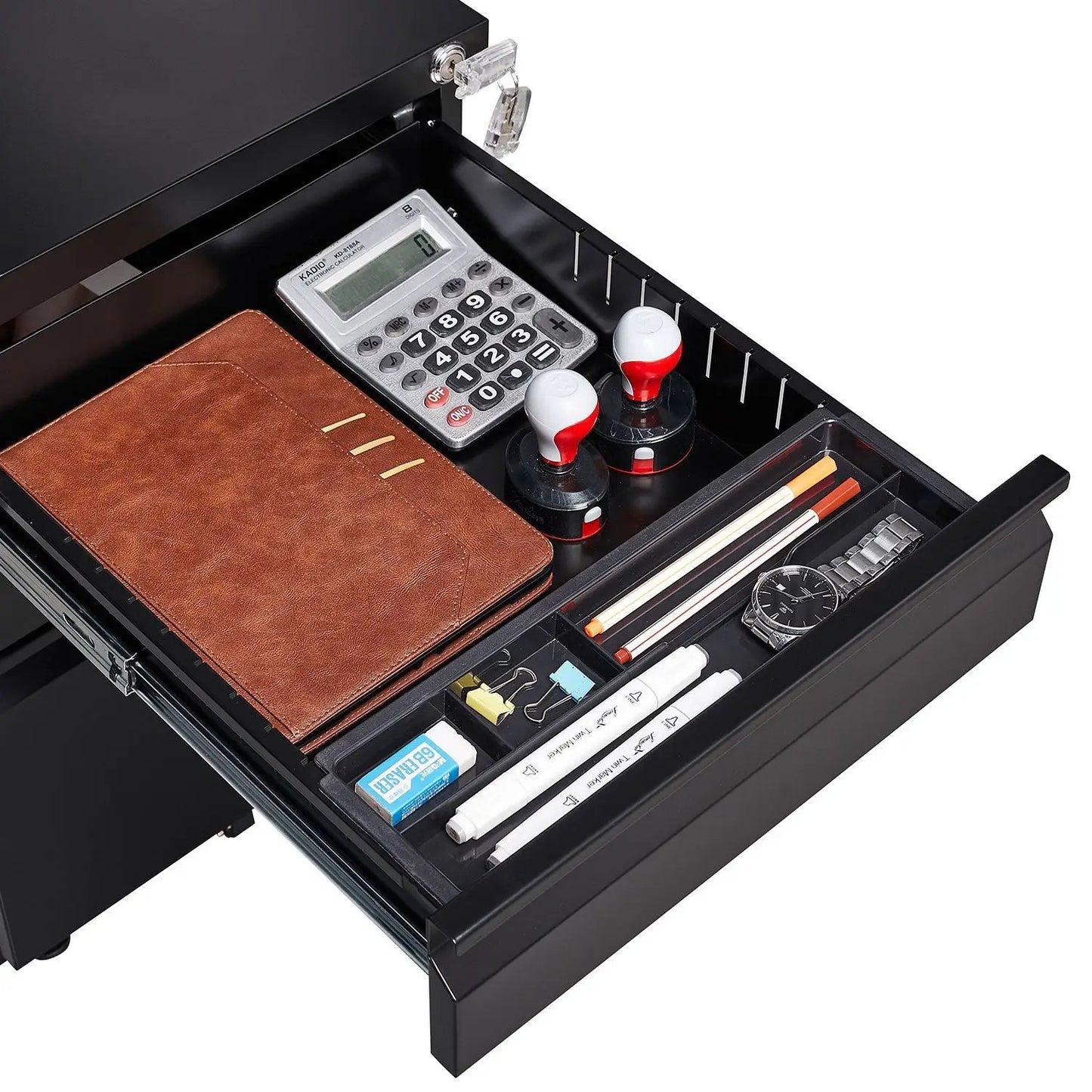 Lockable black 3-drawer file cabinet with wheels; drawer holds notebook and calculator on Tampa Home & Garden Store